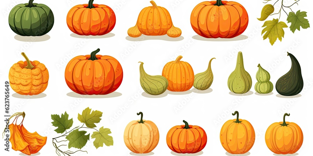 Set of Ripe Pumpkins, Leaves, Slices, and Seeds - Embracing the Richness of Autumn - Flat and Versatile Design - A Captivating Vector Illustration Set featuring Rip  Generative AI Digital Illustration