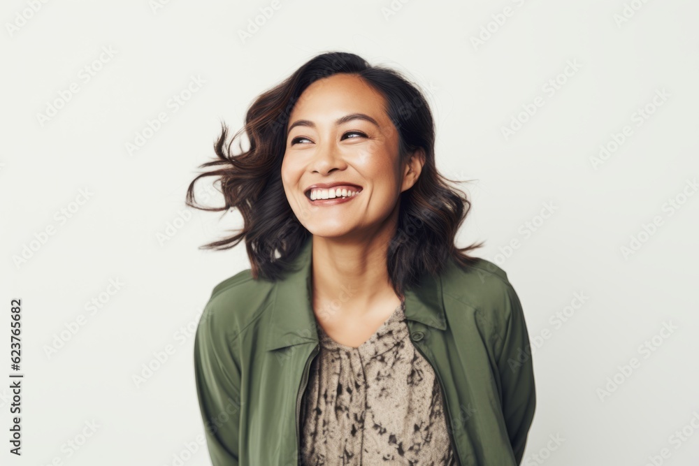 Fototapeta premium Portrait of a happy young asian woman smiling against white background