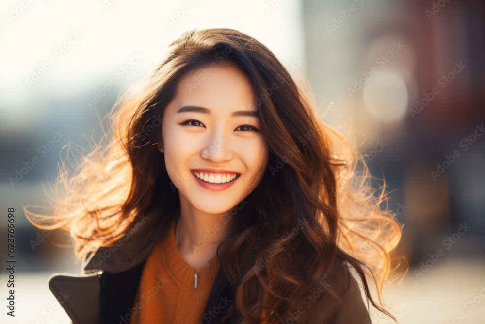 Obraz premium Portrait photography of a happy Chinese woman in her 20s wearing a chic cardigan against an abstract background 