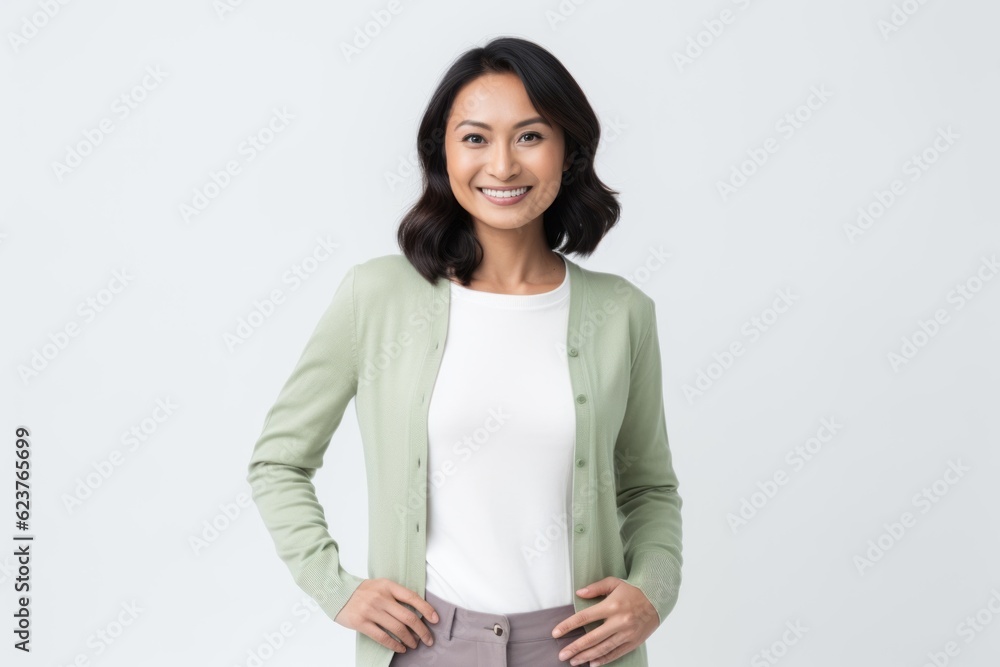 Portrait of a smiling businesswoman standing with hands on hip over white background Portrait of a smiling businesswoman standing with hands on hip over white background