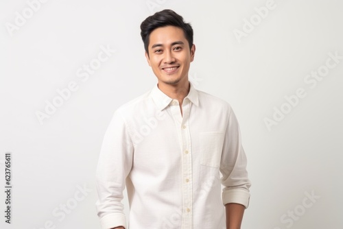 Portrait of a handsome young asian man smiling on white background