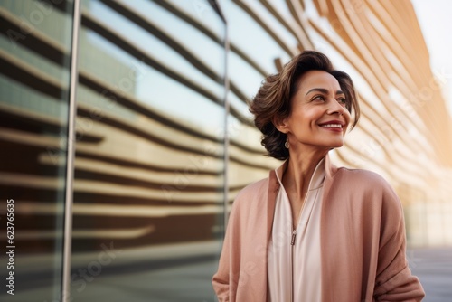 Portrait photography of a pleased Saudi Arabian woman in her 50s wearing a chic cardigan against a modern architectural background 