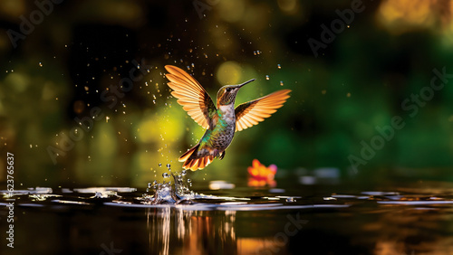 Seltener Kolibri Eisvogel fliegt über dem Wasser, Nahaufnahme in Zeitlupe Zeitraffer schönes Hintergrund Bild, ai generativ photo