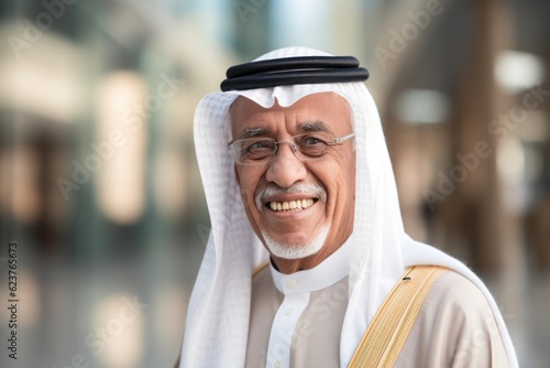 Medium shot portrait photography of a satisfied Saudi Arabian man in his 80s wearing a chic cardigan against a modern architectural background 