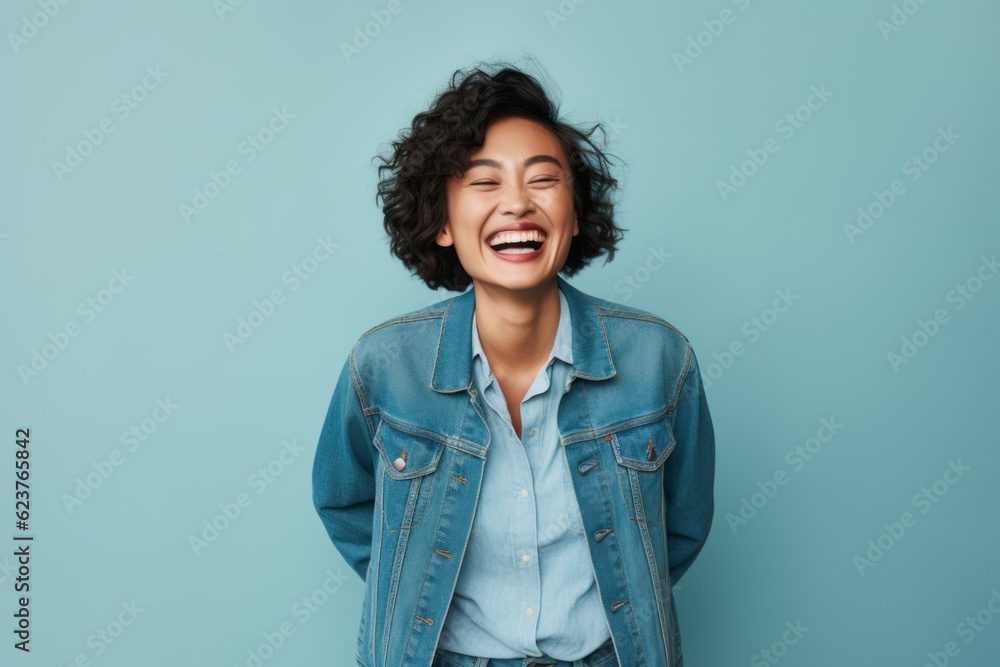 Portrait photography of a satisfied Chinese woman in her 30s wearing a denim jacket against an abstract background Portrait photography of a satisfied Chinese woman in her 30s wearing a denim jacket against an abstract background