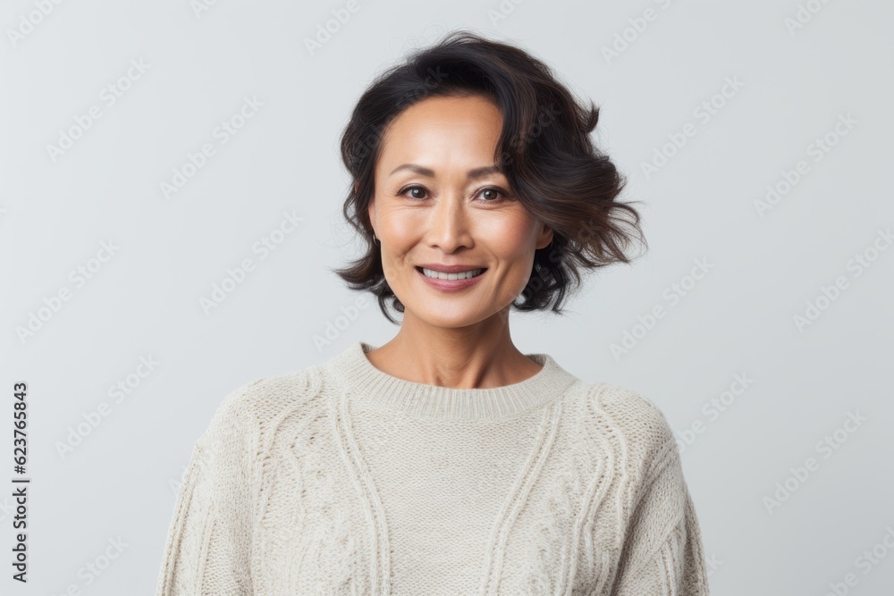 Portrait of smiling woman in sweater over grey background. Looking at camera Portrait of smiling woman in sweater over grey background. Looking at camera