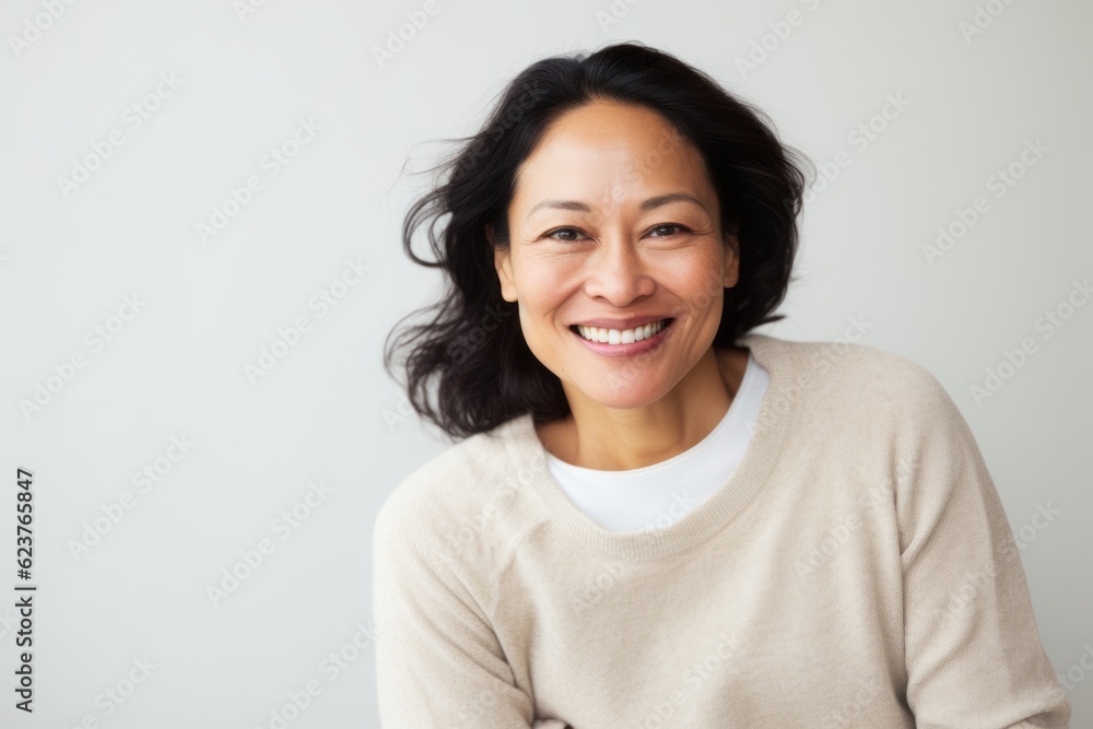 Portrait of smiling asian woman looking at camera over white background Portrait of smiling asian woman looking at camera over white background