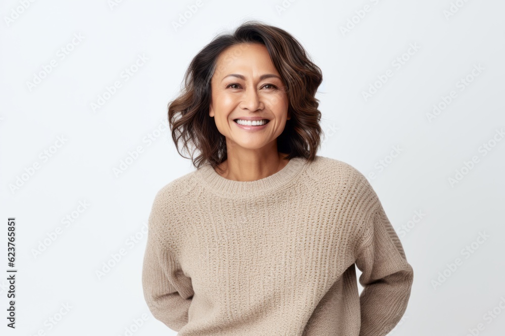 Portrait of smiling middle-aged woman in sweater looking at camera Portrait of smiling middle-aged woman in sweater looking at camera