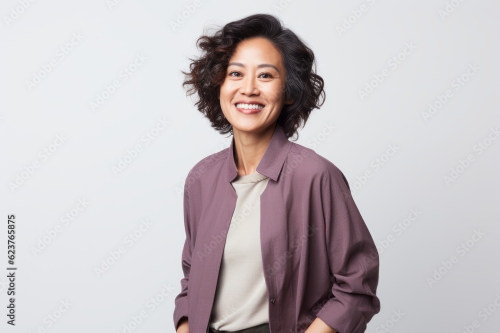 Portrait of a smiling businesswoman standing with hands in pockets over white background Portrait of a smiling businesswoman standing with hands in pockets over white background