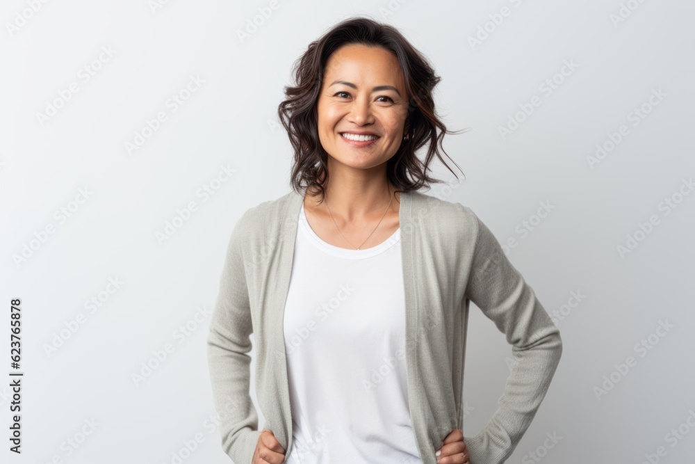 Portrait of a smiling young woman standing with hands on hips against white background Portrait of a smiling young woman standing with hands on hips against white background