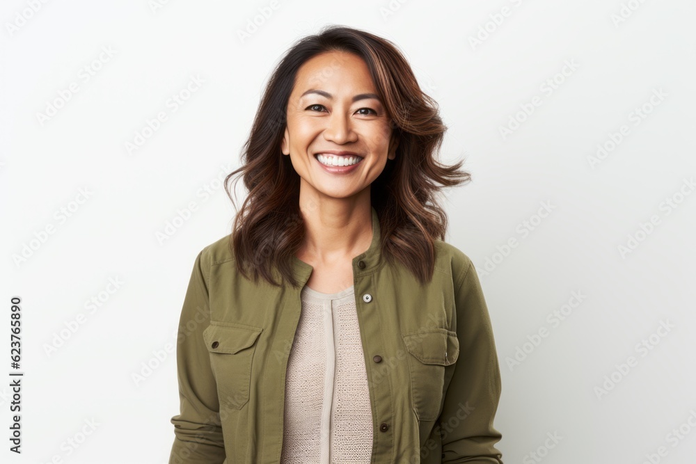 Portrait photography of a pleased Indonesian woman in her 40s wearing a chic cardigan against a white background Portrait photography of a pleased Indonesian woman in her 40s wearing a chic cardigan against a white background