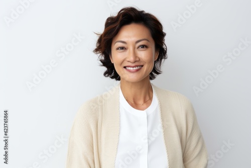 Portrait of smiling middle-aged Asian businesswoman standing against white background