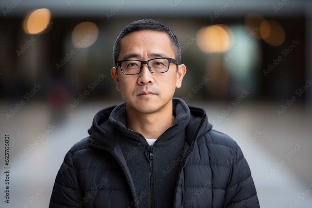 Obraz premium Medium shot portrait photography of a serious Chinese man in his 40s wearing a cozy sweater against an abstract background 