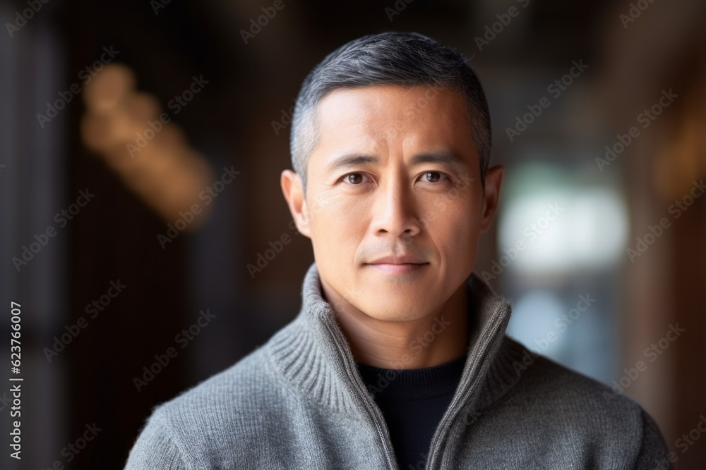 Fototapeta premium Medium shot portrait photography of a serious Chinese man in his 40s wearing a cozy sweater against an abstract background 