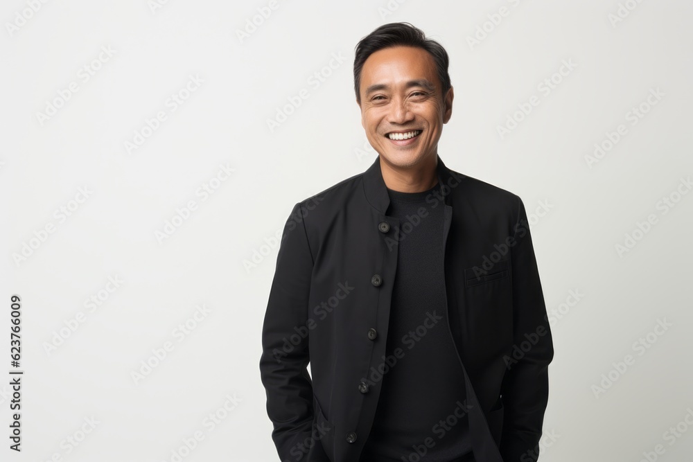 Smiling asian man in black jacket. Isolated on white background Smiling asian man in black jacket. Isolated on white background