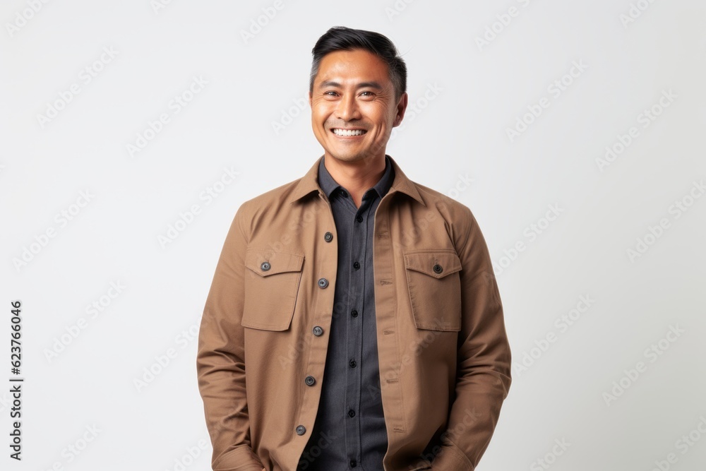 Portrait of a smiling asian man in beige coat isolated on white background Portrait of a smiling asian man in beige coat isolated on white background