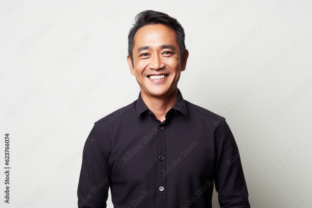 Portrait photography of a happy Indonesian man in his 40s wearing a chic cardigan against a white background Portrait photography of a happy Indonesian man in his 40s wearing a chic cardigan against a white background