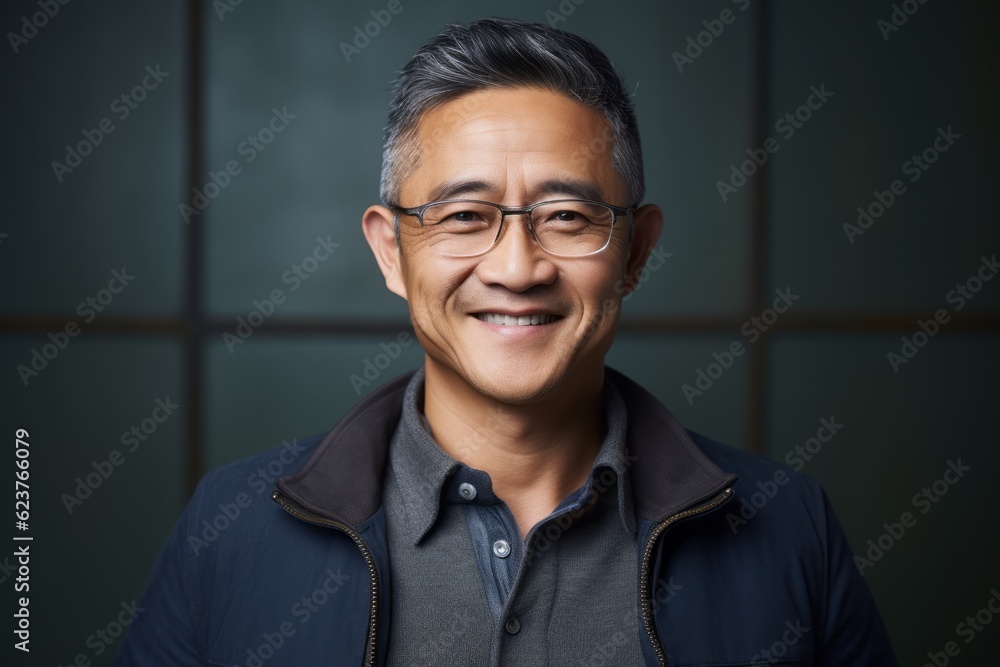 Fototapeta premium Portrait photography of a satisfied Chinese man in his 40s wearing a chic cardigan against an abstract background 