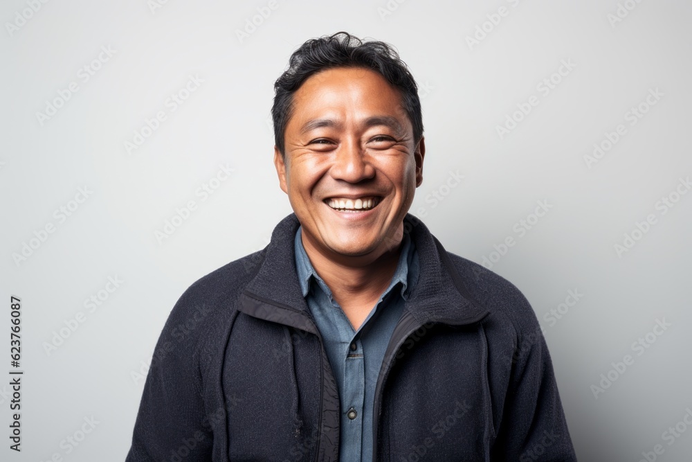 Portrait of happy asian man laughing and looking at camera over white background Portrait of happy asian man laughing and looking at camera over white background