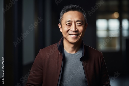 Portrait photography of a pleased Chinese man in his 40s wearing a chic cardigan against an abstract background 