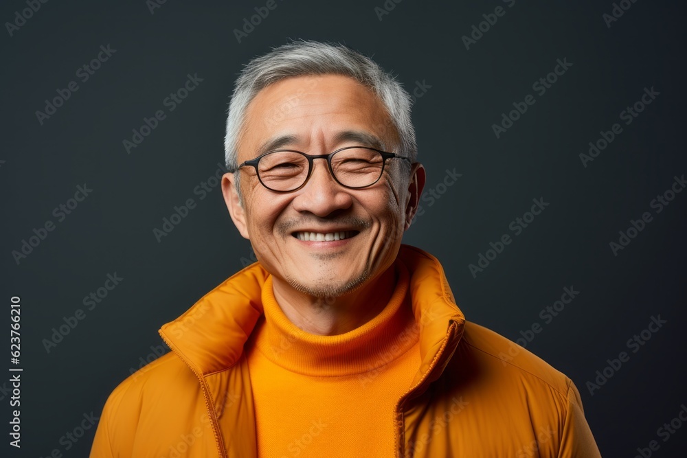 Portrait photography of a cheerful Chinese man in his 50s wearing a chic cardigan against an abstract background Portrait photography of a cheerful Chinese man in his 50s wearing a chic cardigan against an abstract background