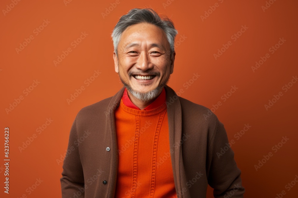 Portrait photography of a cheerful Chinese man in his 50s wearing a chic cardigan against an abstract background Portrait photography of a cheerful Chinese man in his 50s wearing a chic cardigan against an abstract background