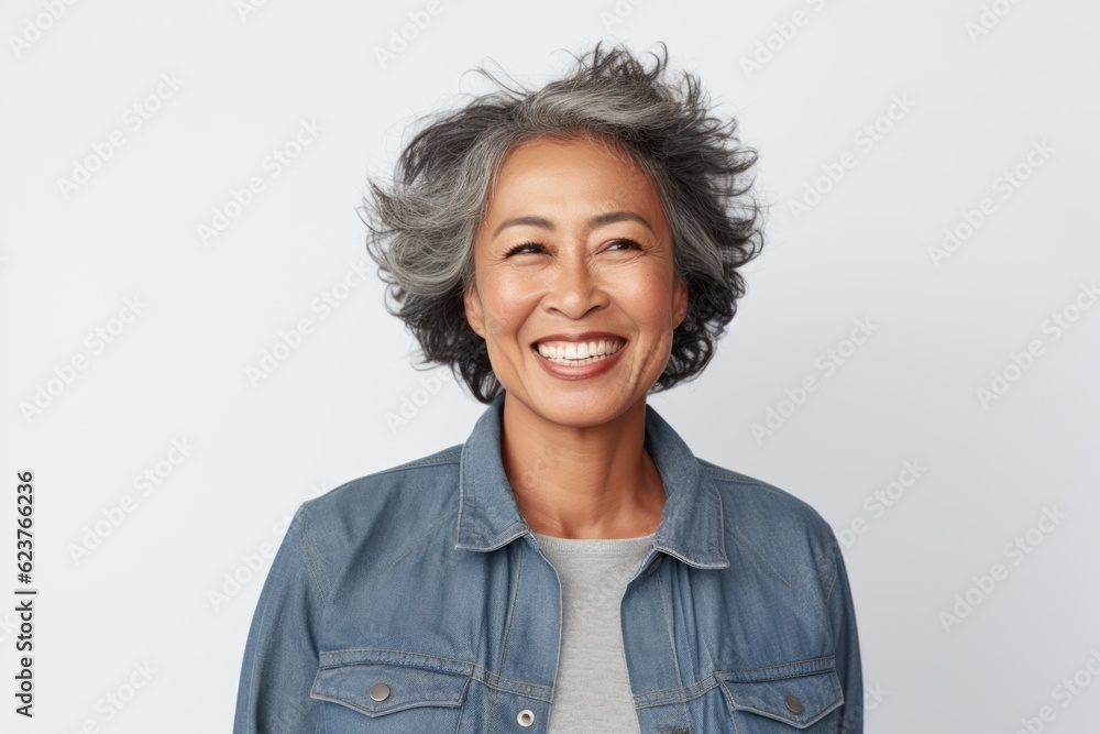 Portrait of a smiling asian woman with grey hair against white background Portrait of a smiling asian woman with grey hair against white background