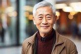 Portrait photography of a pleased Chinese man in his 70s wearing a chic cardigan against an abstract background 