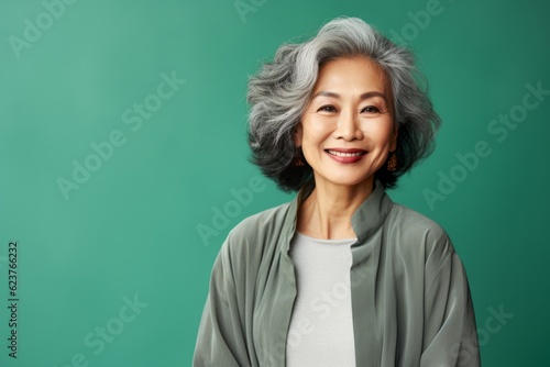 Portrait photography of a satisfied Chinese woman in her 60s wearing a chic cardigan against an abstract background 