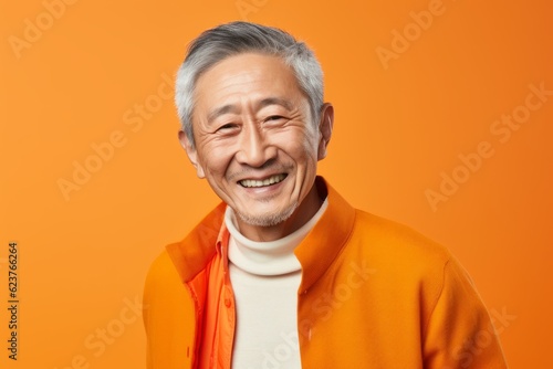 Portrait photography of a pleased Chinese man in his 70s wearing a chic cardigan against an abstract background  © Anne Schaum
