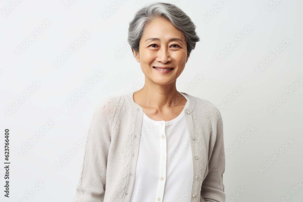 Portrait of smiling senior asian woman looking at camera over white background Portrait of smiling senior asian woman looking at camera over white background
