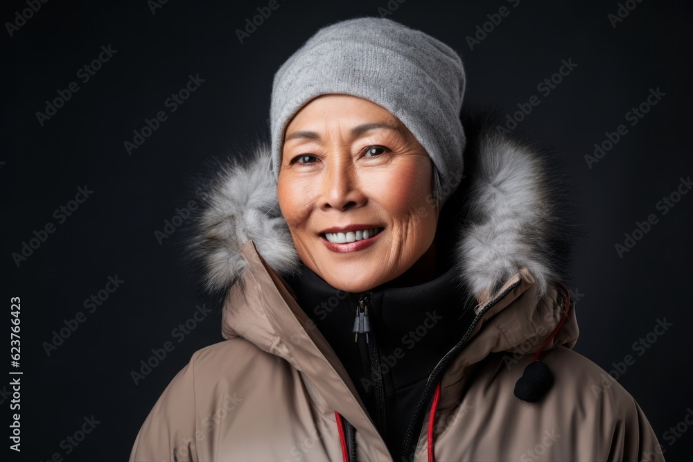 Portrait of a smiling asian woman in winter jacket and hat Portrait of a smiling asian woman in winter jacket and hat