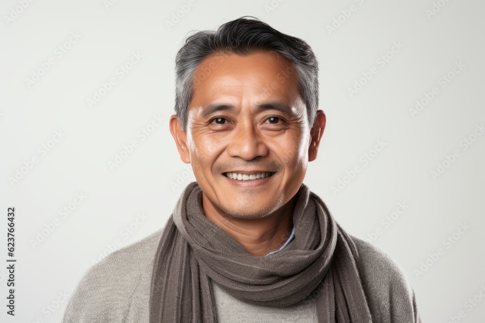Portrait of a smiling middle-aged Asian man wearing a scarf Portrait of a smiling middle-aged Asian man wearing a scarf