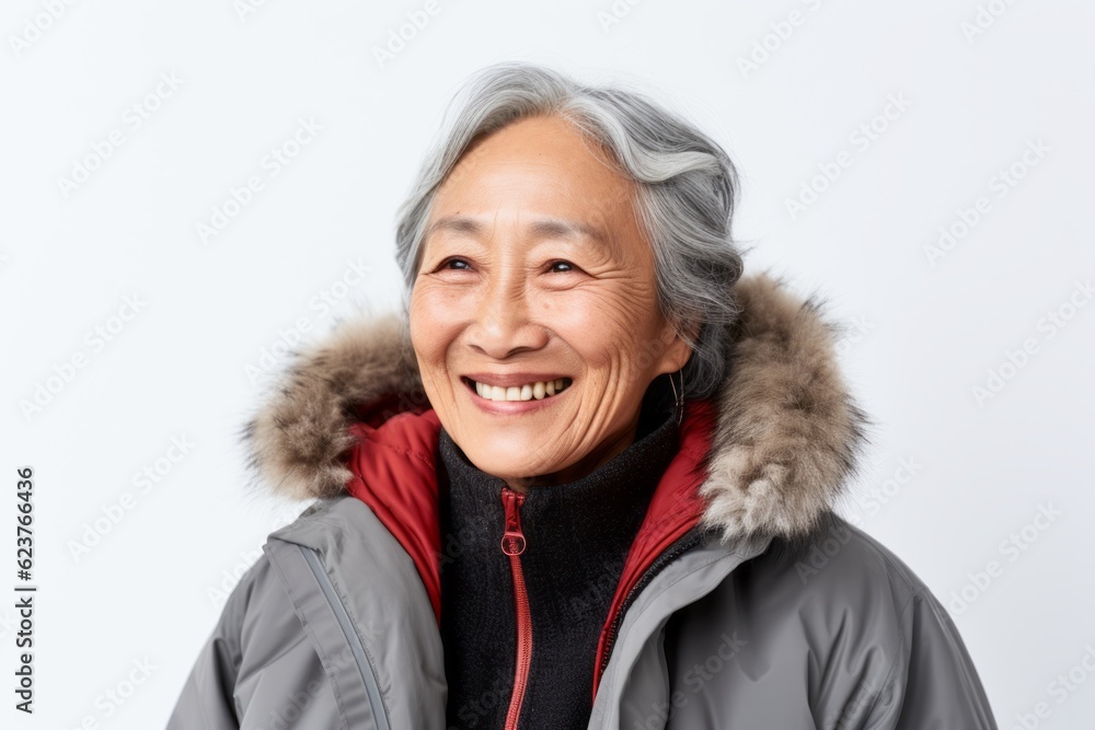 Portrait of a happy senior asian woman in winter jacket on white background Portrait of a happy senior asian woman in winter jacket on white background