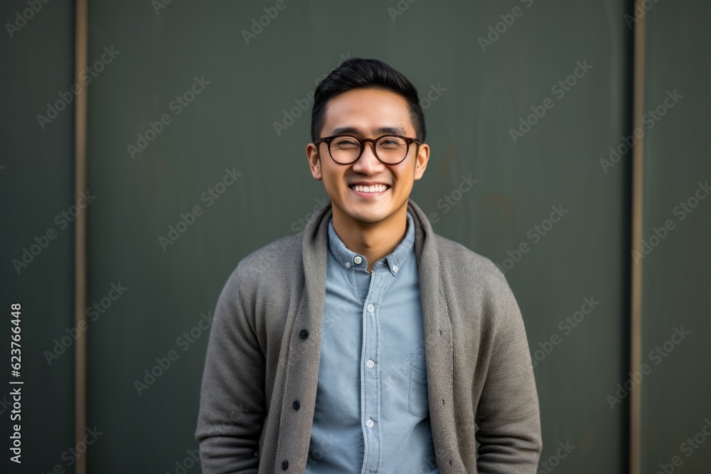 Portrait photography of a pleased Indonesian man in his 30s wearing a chic cardigan against an abstract background Portrait photography of a pleased Indonesian man in his 30s wearing a chic cardigan against an abstract background
