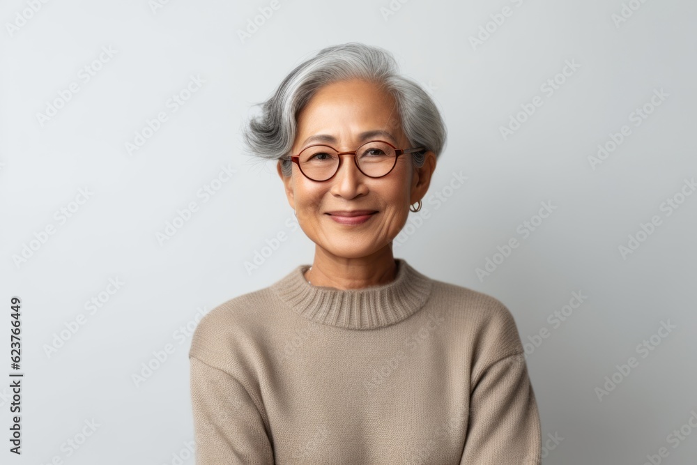 Portrait of mature Asian woman in eyeglasses on white background