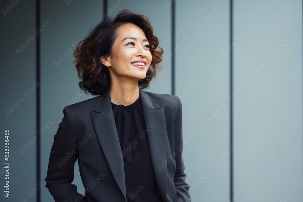 Portrait photography of a satisfied Indonesian woman in her 40s wearing a sleek suit against an abstract background Portrait photography of a satisfied Indonesian woman in her 40s wearing a sleek suit against an abstract background
