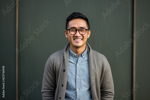 Portrait photography of a pleased Indonesian man in his 30s wearing a chic cardigan against an abstract background 