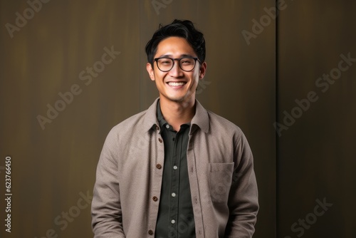 Portrait photography of a pleased Indonesian man in his 30s wearing a chic cardigan against an abstract background 