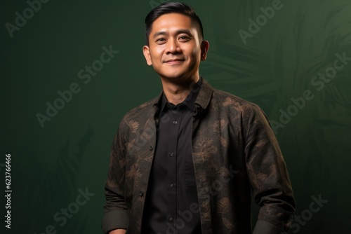 Portrait photography of a satisfied Indonesian man in his 40s wearing a chic cardigan against an abstract background 