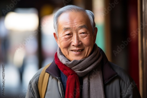 Portrait photography of a pleased Chinese man in his 80s wearing a foulard against an abstract background 