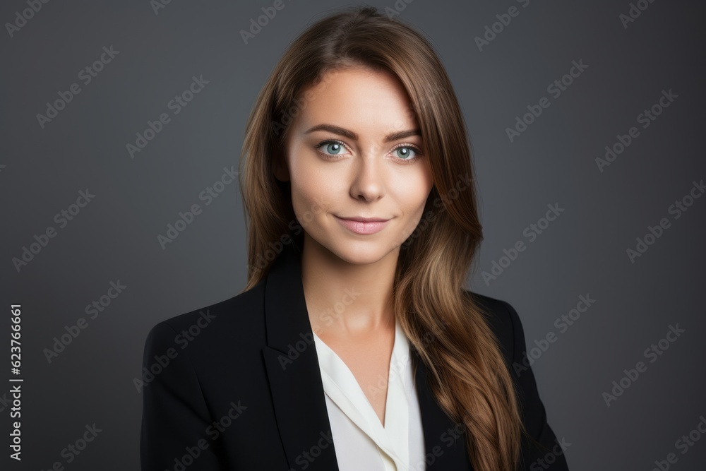 Portrait of a young businesswoman in a black suit on a gray background Portrait of a young businesswoman in a black suit on a gray background