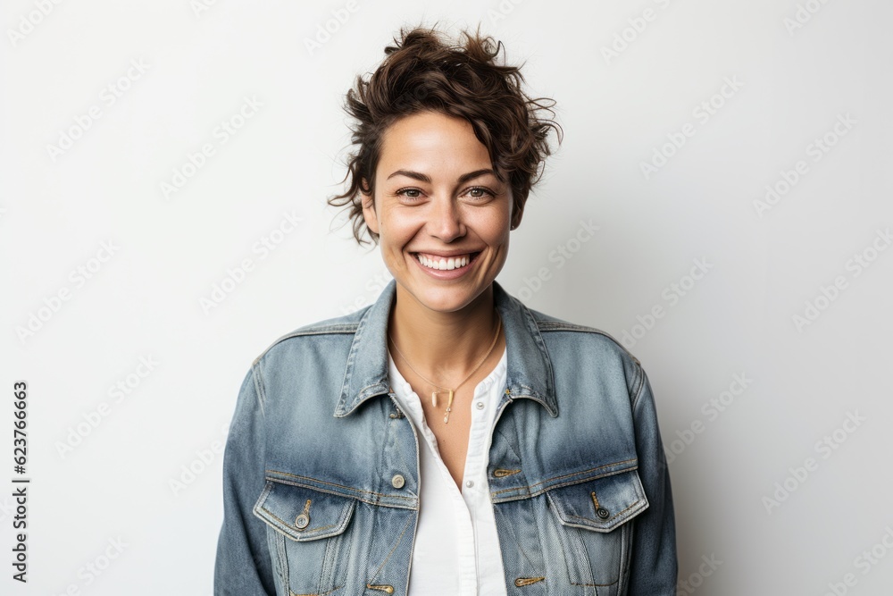 Portrait of a smiling young woman in denim jacket over white background Portrait of a smiling young woman in denim jacket over white background