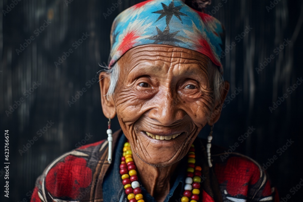 Obraz premium Portrait photography of a happy 100-year-old elderly Indonesian man wearing a pair of leggings or tights against an abstract background 