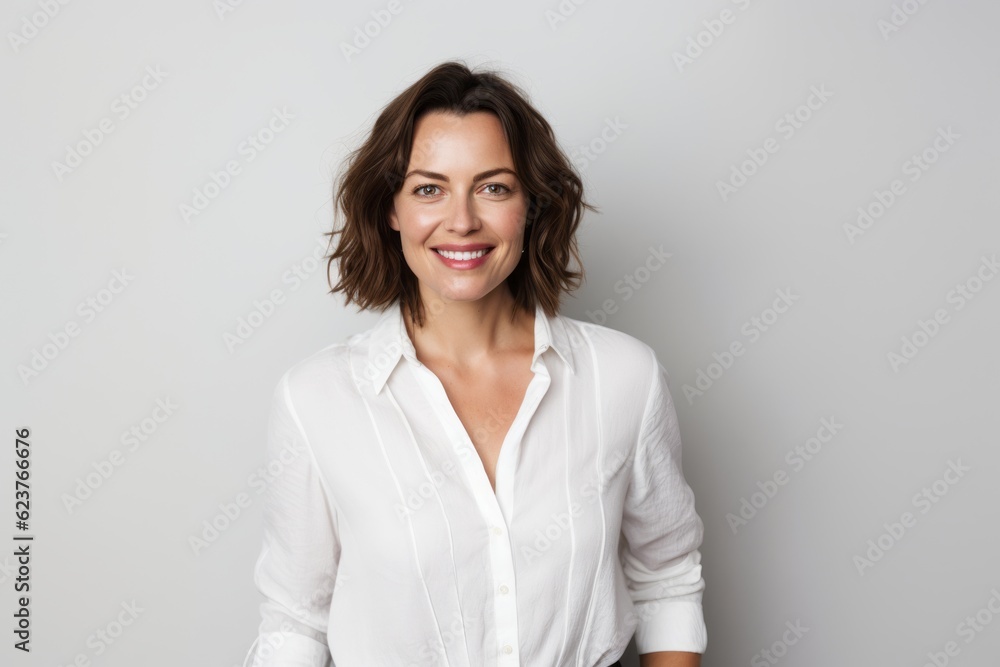 Portrait of a smiling businesswoman standing with hands in pockets against white background Portrait of a smiling businesswoman standing with hands in pockets against white background