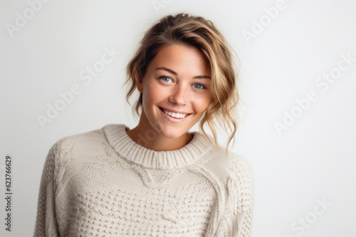 Portrait of a smiling young woman in sweater on white background.