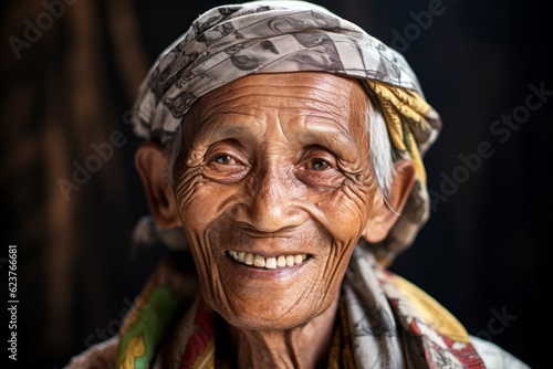 Portrait photography of a happy 100-year-old elderly Indonesian man wearing a foulard against an abstract background 