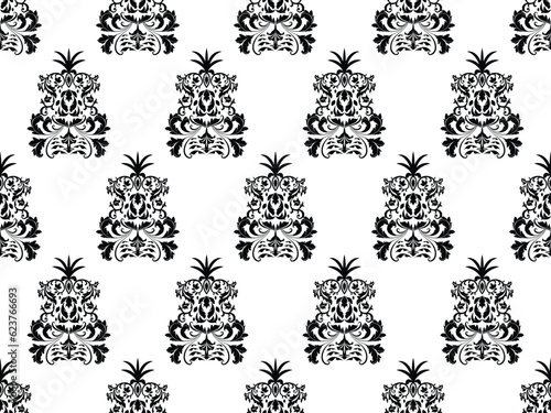 Damask digital paper seamless floral pattern. Black Flowers on a white background. Luxury Royal Wallpaper.