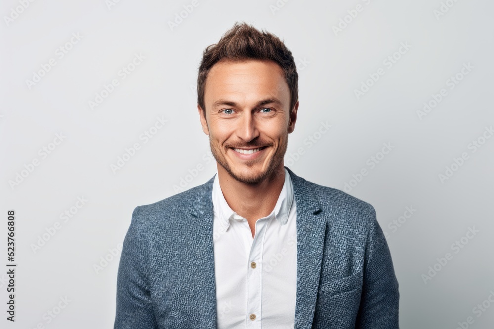 Portrait of handsome young man smiling at camera while standing against grey background Portrait of handsome young man smiling at camera while standing against grey background