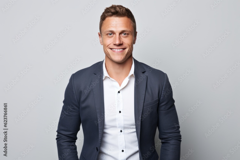 Portrait of a happy young businessman standing and looking at camera over gray background Portrait of a happy young businessman standing and looking at camera over gray background